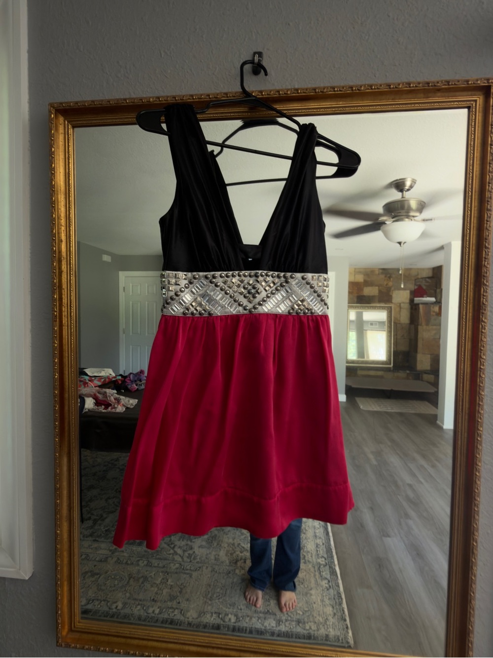 bebe Black and Fuchsia V-Neck Party Dress with Beaded Waist